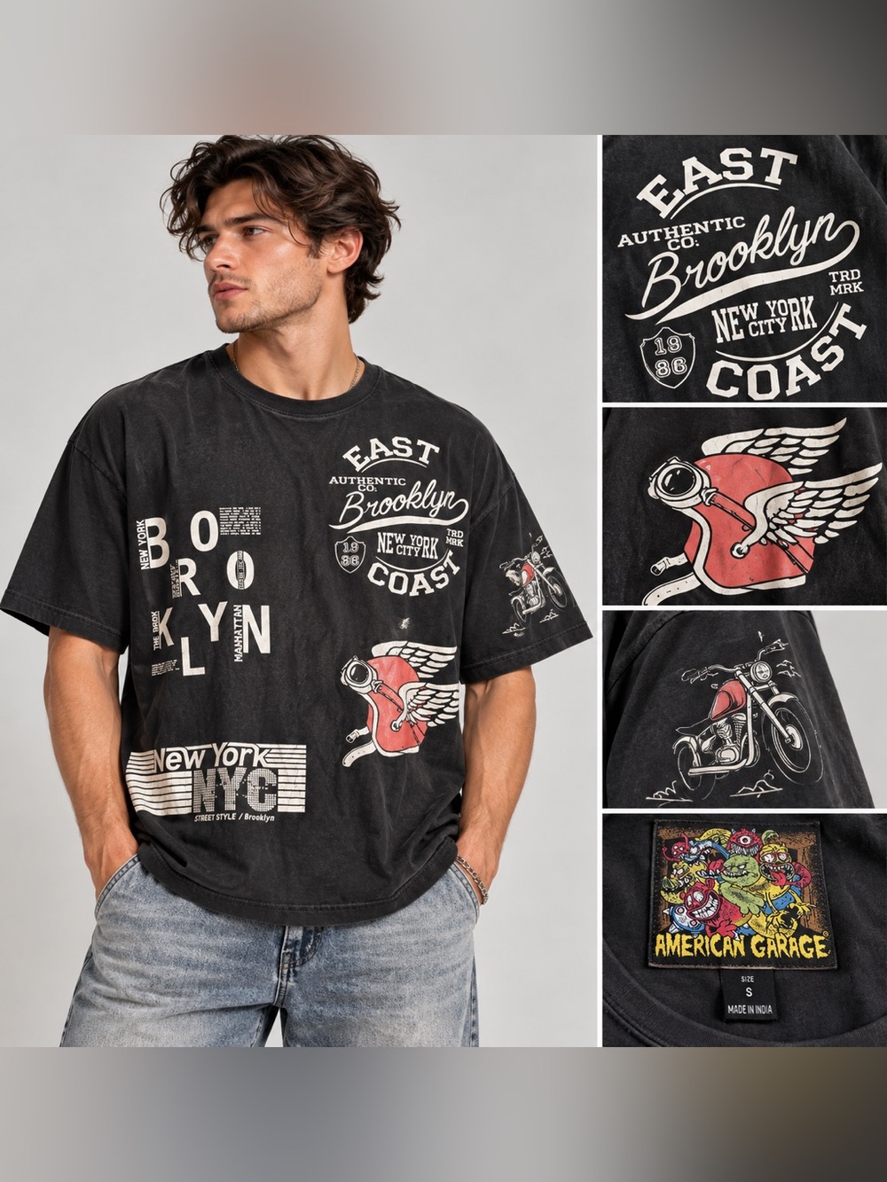 American Garage Brooklyn NYC Motorcycle Graphic T Shirt Mens S Biker Streetwear